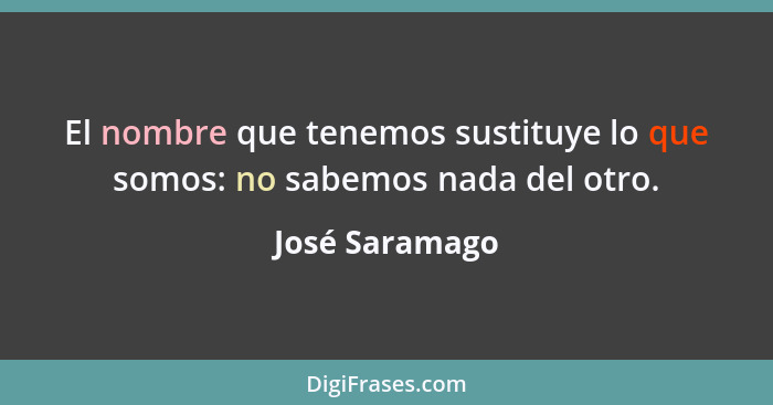 El nombre que tenemos sustituye lo que somos: no sabemos nada del otro.... - José Saramago