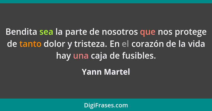 Bendita sea la parte de nosotros que nos protege de tanto dolor y tristeza. En el corazón de la vida hay una caja de fusibles.... - Yann Martel