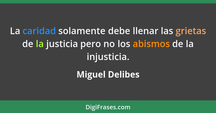 La caridad solamente debe llenar las grietas de la justicia pero no los abismos de la injusticia.... - Miguel Delibes