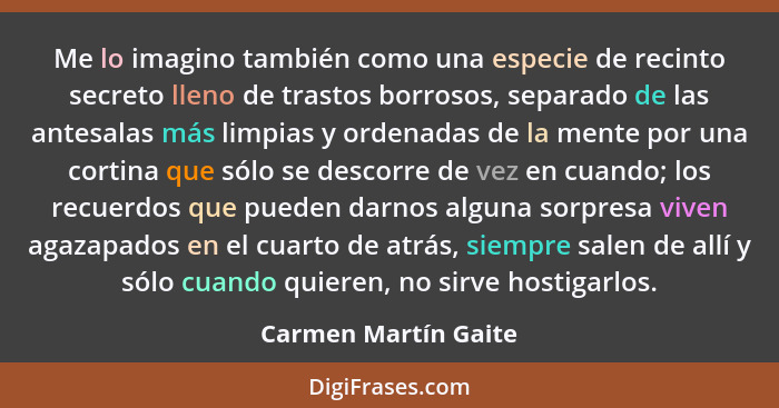 Me lo imagino también como una especie de recinto secreto lleno de trastos borrosos, separado de las antesalas más limpias y ord... - Carmen Martín Gaite