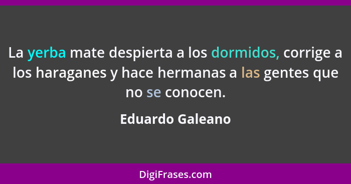 La yerba mate despierta a los dormidos, corrige a los haraganes y hace hermanas a las gentes que no se conocen.... - Eduardo Galeano