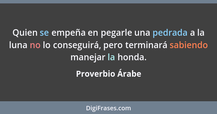 Quien se empeña en pegarle una pedrada a la luna no lo conseguirá, pero terminará sabiendo manejar la honda.... - Proverbio Árabe