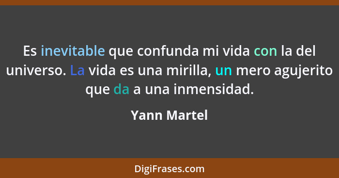 Es inevitable que confunda mi vida con la del universo. La vida es una mirilla, un mero agujerito que da a una inmensidad.... - Yann Martel