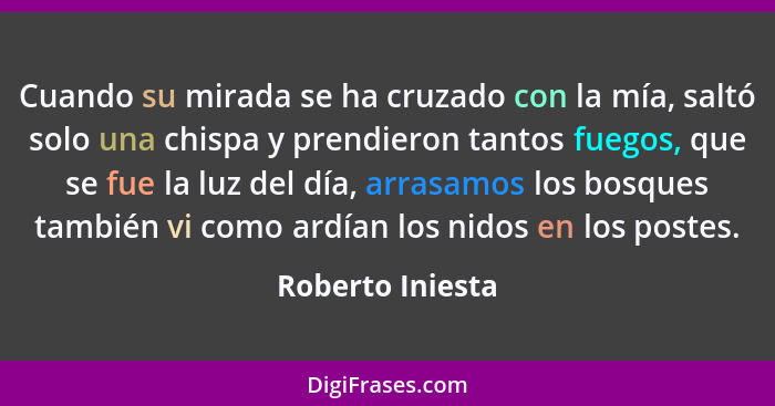 Cuando su mirada se ha cruzado con la mía, saltó solo una chispa y prendieron tantos fuegos, que se fue la luz del día, arrasamos lo... - Roberto Iniesta