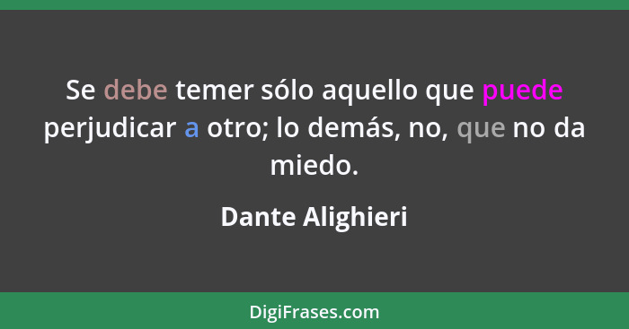 Se debe temer sólo aquello que puede perjudicar a otro; lo demás, no, que no da miedo.... - Dante Alighieri