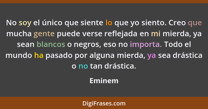 No soy el único que siente lo que yo siento. Creo que mucha gente puede verse reflejada en mi mierda, ya sean blancos o negros, eso no import... - Eminem