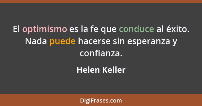 El optimismo es la fe que conduce al éxito. Nada puede hacerse sin esperanza y confianza.... - Helen Keller