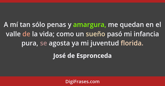 A mí tan sólo penas y amargura, me quedan en el valle de la vida; como un sueño pasó mi infancia pura, se agosta ya mi juventud f... - José de Espronceda