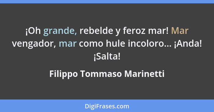 ¡Oh grande, rebelde y feroz mar! Mar vengador, mar como hule incoloro... ¡Anda! ¡Salta!... - Filippo Tommaso Marinetti