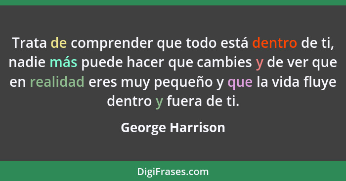 Trata de comprender que todo está dentro de ti, nadie más puede hacer que cambies y de ver que en realidad eres muy pequeño y que la... - George Harrison