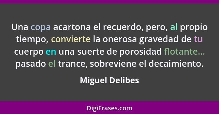 Una copa acartona el recuerdo, pero, al propio tiempo, convierte la onerosa gravedad de tu cuerpo en una suerte de porosidad flotante... - Miguel Delibes