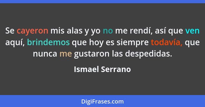 Se cayeron mis alas y yo no me rendí, así que ven aquí, brindemos que hoy es siempre todavía, que nunca me gustaron las despedidas.... - Ismael Serrano