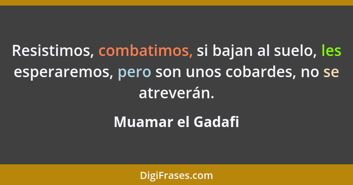 Resistimos, combatimos, si bajan al suelo, les esperaremos, pero son unos cobardes, no se atreverán.... - Muamar el Gadafi