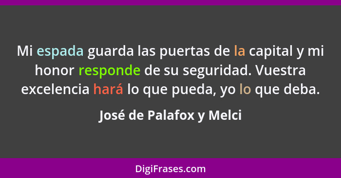 Mi espada guarda las puertas de la capital y mi honor responde de su seguridad. Vuestra excelencia hará lo que pueda, yo lo... - José de Palafox y Melci