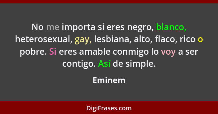 No me importa si eres negro, blanco, heterosexual, gay, lesbiana, alto, flaco, rico o pobre. Si eres amable conmigo lo voy a ser contigo. Así... - Eminem