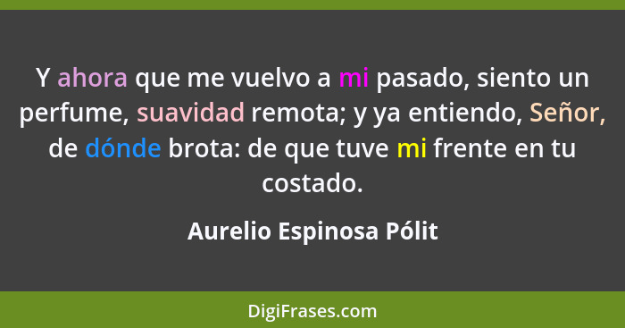 Y ahora que me vuelvo a mi pasado, siento un perfume, suavidad remota; y ya entiendo, Señor, de dónde brota: de que tuve mi f... - Aurelio Espinosa Pólit