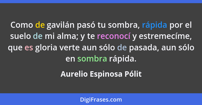 Como de gavilán pasó tu sombra, rápida por el suelo de mi alma; y te reconocí y estremecíme, que es gloria verte aun sólo de... - Aurelio Espinosa Pólit