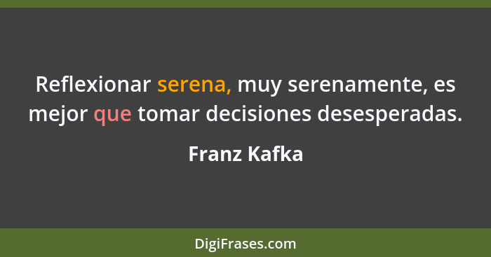 Reflexionar serena, muy serenamente, es mejor que tomar decisiones desesperadas.... - Franz Kafka