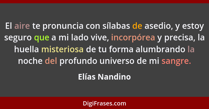 El aire te pronuncia con sílabas de asedio, y estoy seguro que a mi lado vive, incorpórea y precisa, la huella misteriosa de tu forma... - Elías Nandino