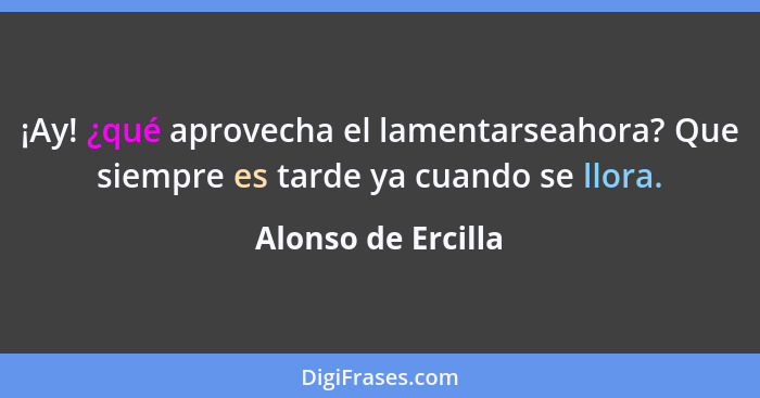 ¡Ay! ¿qué aprovecha el lamentarseahora? Que siempre es tarde ya cuando se llora.... - Alonso de Ercilla