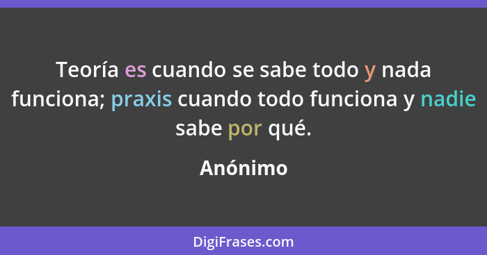 Teoría es cuando se sabe todo y nada funciona; praxis cuando todo funciona y nadie sabe por qué.... - Anónimo