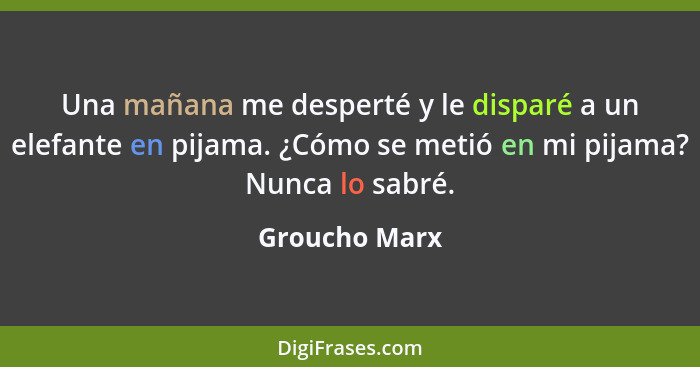 Una mañana me desperté y le disparé a un elefante en pijama. ¿Cómo se metió en mi pijama? Nunca lo sabré.... - Groucho Marx