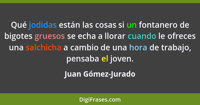 Qué jodidas están las cosas si un fontanero de bigotes gruesos se echa a llorar cuando le ofreces una salchicha a cambio de una ho... - Juan Gómez-Jurado