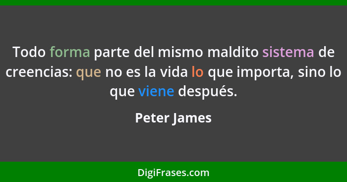 Todo forma parte del mismo maldito sistema de creencias: que no es la vida lo que importa, sino lo que viene después.... - Peter James