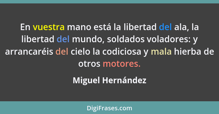 En vuestra mano está la libertad del ala, la libertad del mundo, soldados voladores: y arrancaréis del cielo la codiciosa y mala hi... - Miguel Hernández