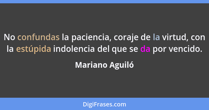 No confundas la paciencia, coraje de la virtud, con la estúpida indolencia del que se da por vencido.... - Mariano Aguiló