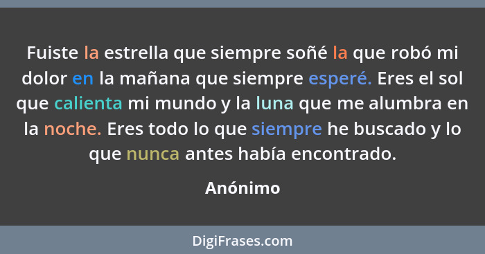 Fuiste la estrella que siempre soñé la que robó mi dolor en la mañana que siempre esperé. Eres el sol que calienta mi mundo y la luna que me... - Anónimo