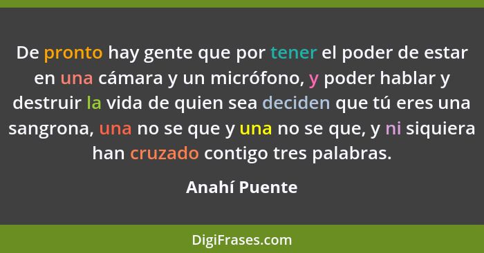 De pronto hay gente que por tener el poder de estar en una cámara y un micrófono, y poder hablar y destruir la vida de quien sea decide... - Anahí Puente