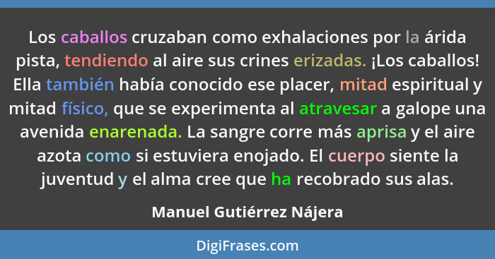 Los caballos cruzaban como exhalaciones por la árida pista, tendiendo al aire sus crines erizadas. ¡Los caballos! Ella tambi... - Manuel Gutiérrez Nájera