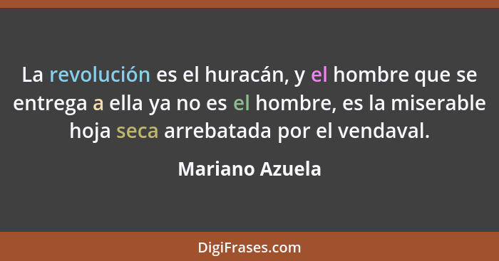 La revolución es el huracán, y el hombre que se entrega a ella ya no es el hombre, es la miserable hoja seca arrebatada por el vendav... - Mariano Azuela