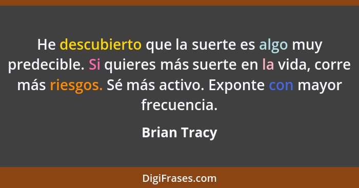 He descubierto que la suerte es algo muy predecible. Si quieres más suerte en la vida, corre más riesgos. Sé más activo. Exponte con may... - Brian Tracy