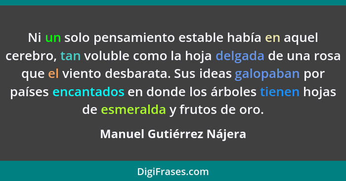 Ni un solo pensamiento estable había en aquel cerebro, tan voluble como la hoja delgada de una rosa que el viento desbarata.... - Manuel Gutiérrez Nájera