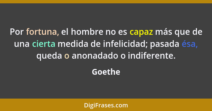 Por fortuna, el hombre no es capaz más que de una cierta medida de infelicidad; pasada ésa, queda o anonadado o indiferente.... - Goethe