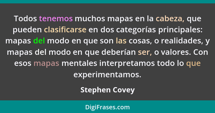 Todos tenemos muchos mapas en la cabeza, que pueden clasificarse en dos categorías principales: mapas del modo en que son las cosas, o... - Stephen Covey