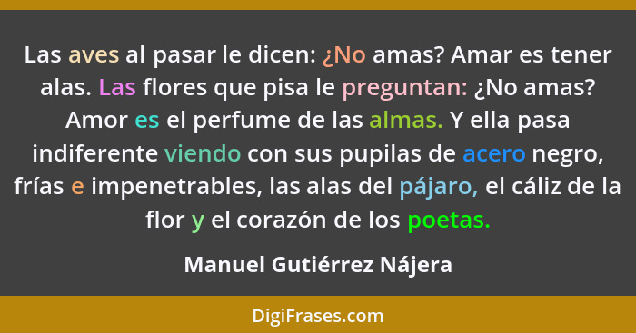 Las aves al pasar le dicen: ¿No amas? Amar es tener alas. Las flores que pisa le preguntan: ¿No amas? Amor es el perfume de... - Manuel Gutiérrez Nájera