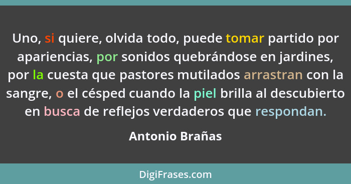 Uno, si quiere, olvida todo, puede tomar partido por apariencias, por sonidos quebrándose en jardines, por la cuesta que pastores mut... - Antonio Brañas