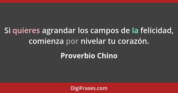 Si quieres agrandar los campos de la felicidad, comienza por nivelar tu corazón.... - Proverbio Chino