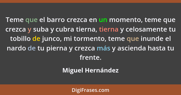 Teme que el barro crezca en un momento, teme que crezca y suba y cubra tierna, tierna y celosamente tu tobillo de junco, mi torment... - Miguel Hernández