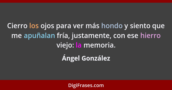 Cierro los ojos para ver más hondo y siento que me apuñalan fría, justamente, con ese hierro viejo: la memoria.... - Ángel González