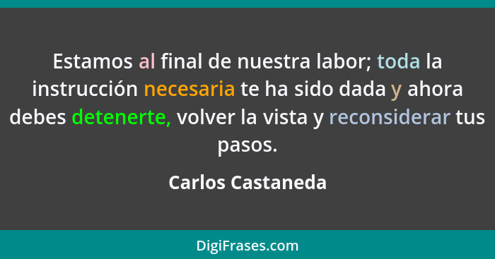 Estamos al final de nuestra labor; toda la instrucción necesaria te ha sido dada y ahora debes detenerte, volver la vista y reconsi... - Carlos Castaneda