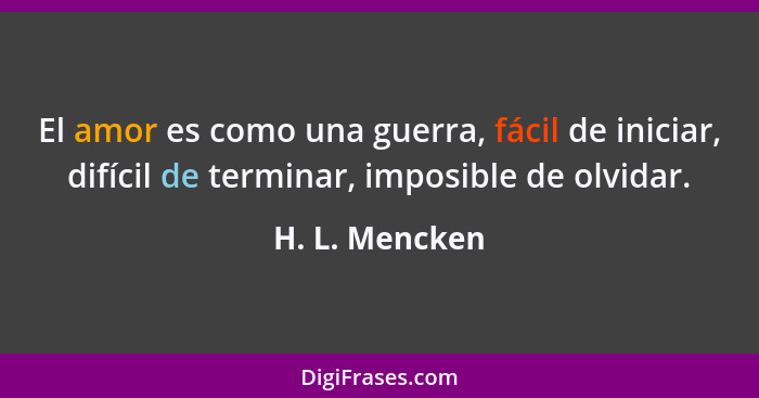 El amor es como una guerra, fácil de iniciar, difícil de terminar, imposible de olvidar.... - H. L. Mencken