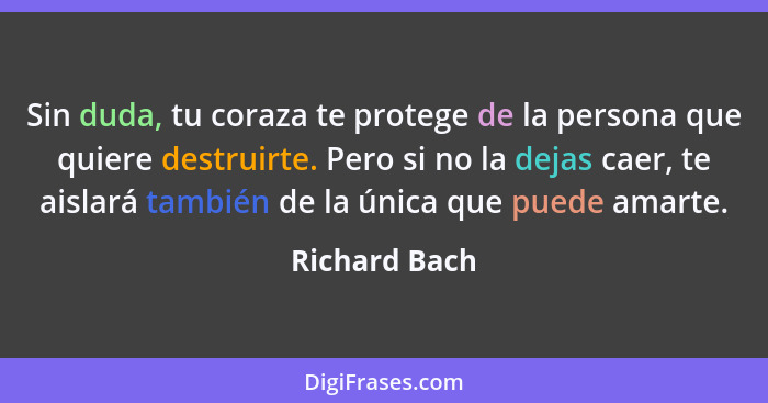 Sin duda, tu coraza te protege de la persona que quiere destruirte. Pero si no la dejas caer, te aislará también de la única que puede... - Richard Bach