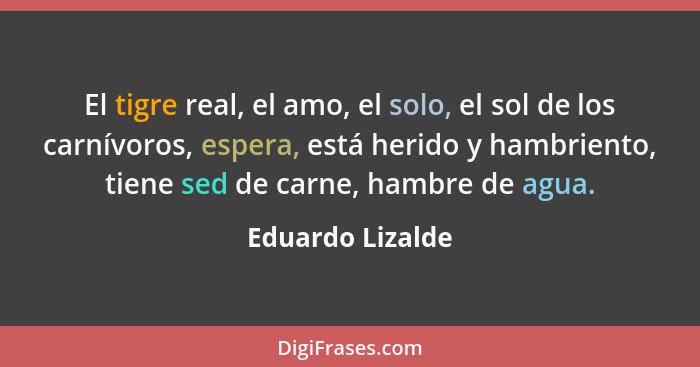 El tigre real, el amo, el solo, el sol de los carnívoros, espera, está herido y hambriento, tiene sed de carne, hambre de agua.... - Eduardo Lizalde