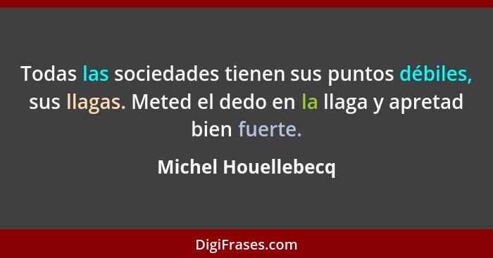 Todas las sociedades tienen sus puntos débiles, sus llagas. Meted el dedo en la llaga y apretad bien fuerte.... - Michel Houellebecq