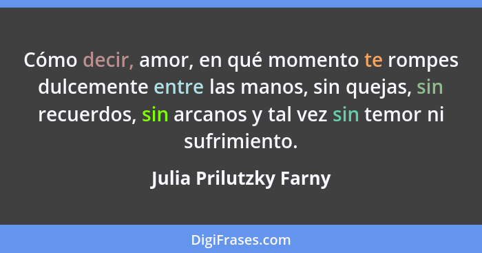 Cómo decir, amor, en qué momento te rompes dulcemente entre las manos, sin quejas, sin recuerdos, sin arcanos y tal vez sin te... - Julia Prilutzky Farny