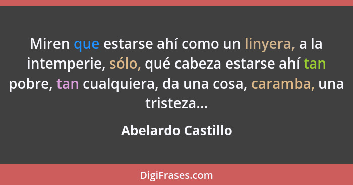 Miren que estarse ahí como un linyera, a la intemperie, sólo, qué cabeza estarse ahí tan pobre, tan cualquiera, da una cosa, caram... - Abelardo Castillo